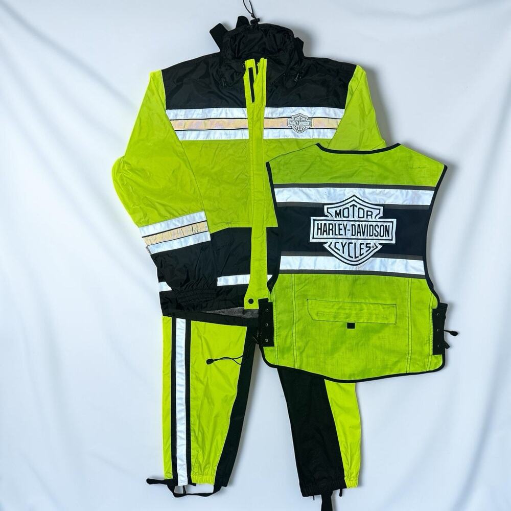 Harley Davidson 3pc Hi-Vis Rain Suit Combo M Jacket M Pants L Vest Reflective